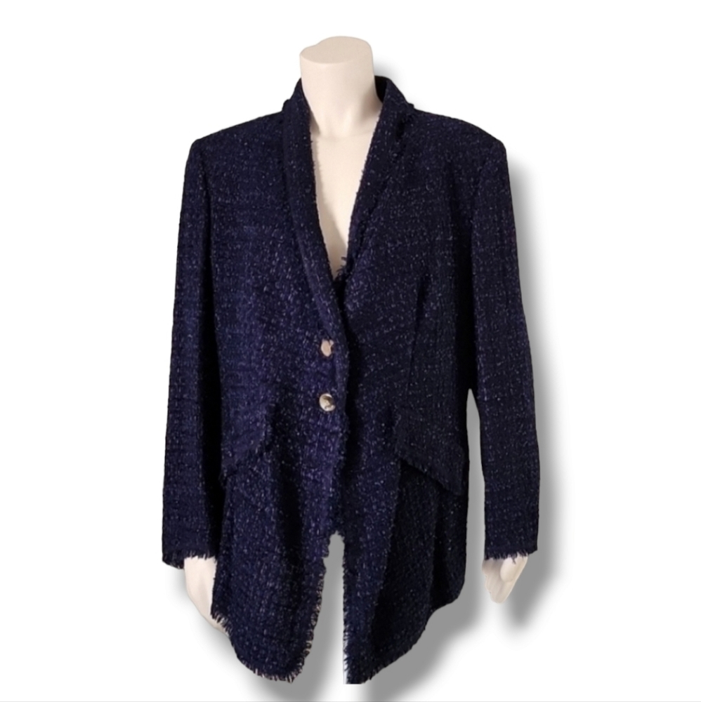 VINTAGE ESCADA Bouclé Tweed Blazer 44 M Blue Silk Wool Textured Sparkle Jacket - Picture 2 of 16